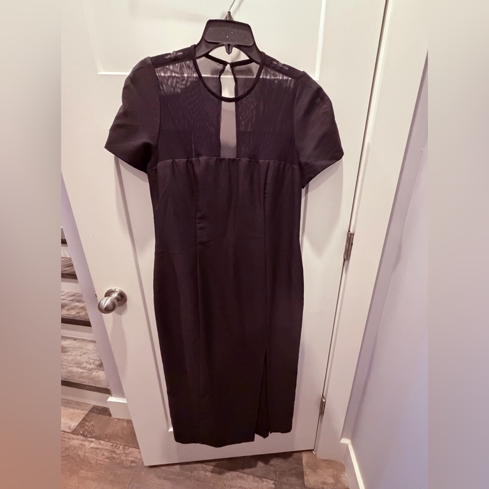 HW Collections Black Sheath Dress Size 12 Mesh Yoke Keyhole Career Midi